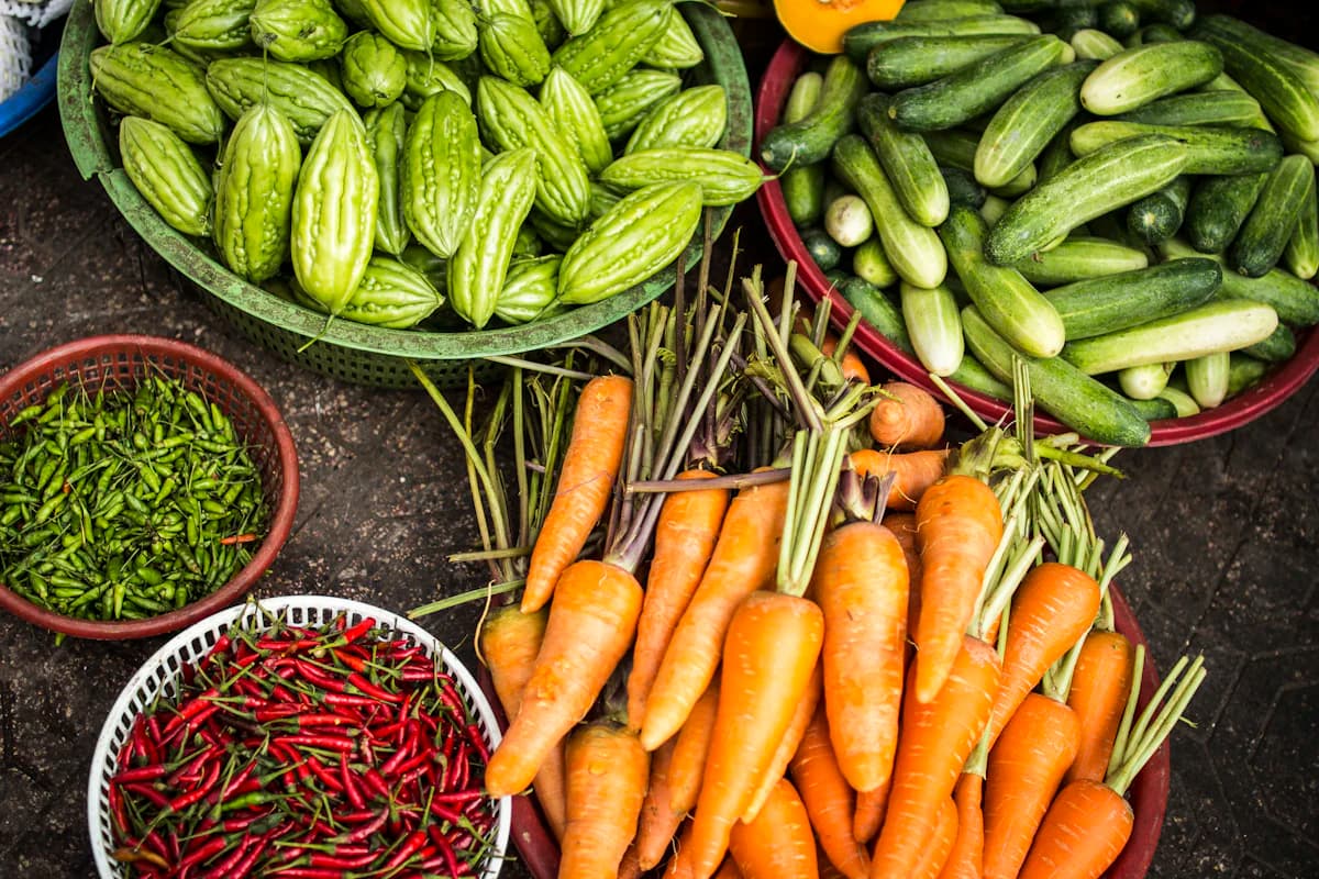 Peppers, carrots and chillies from a smallholding, in bowls
