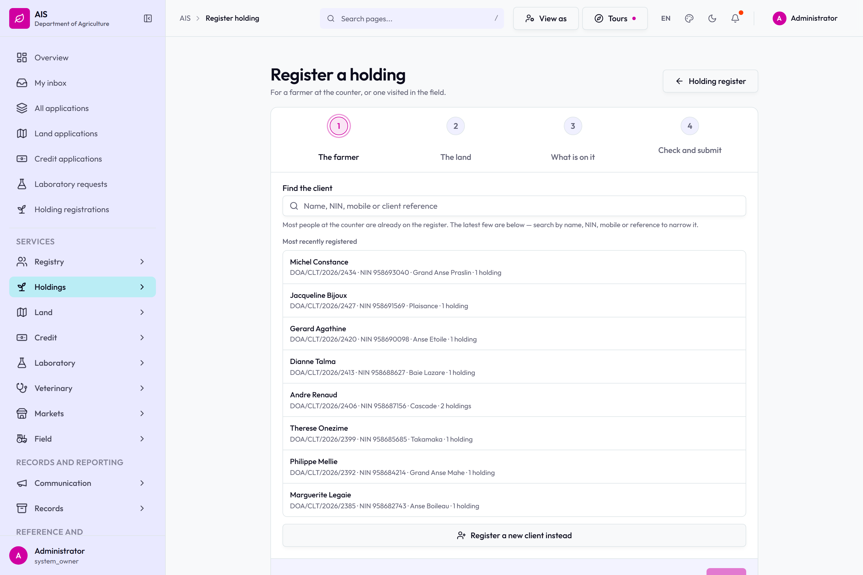 Registering a holding.