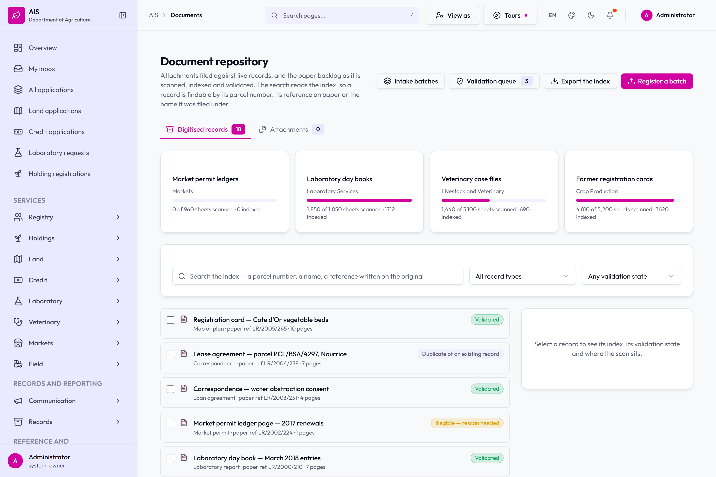 The document repository: scanned batches, the validation queue, and a search across the index.