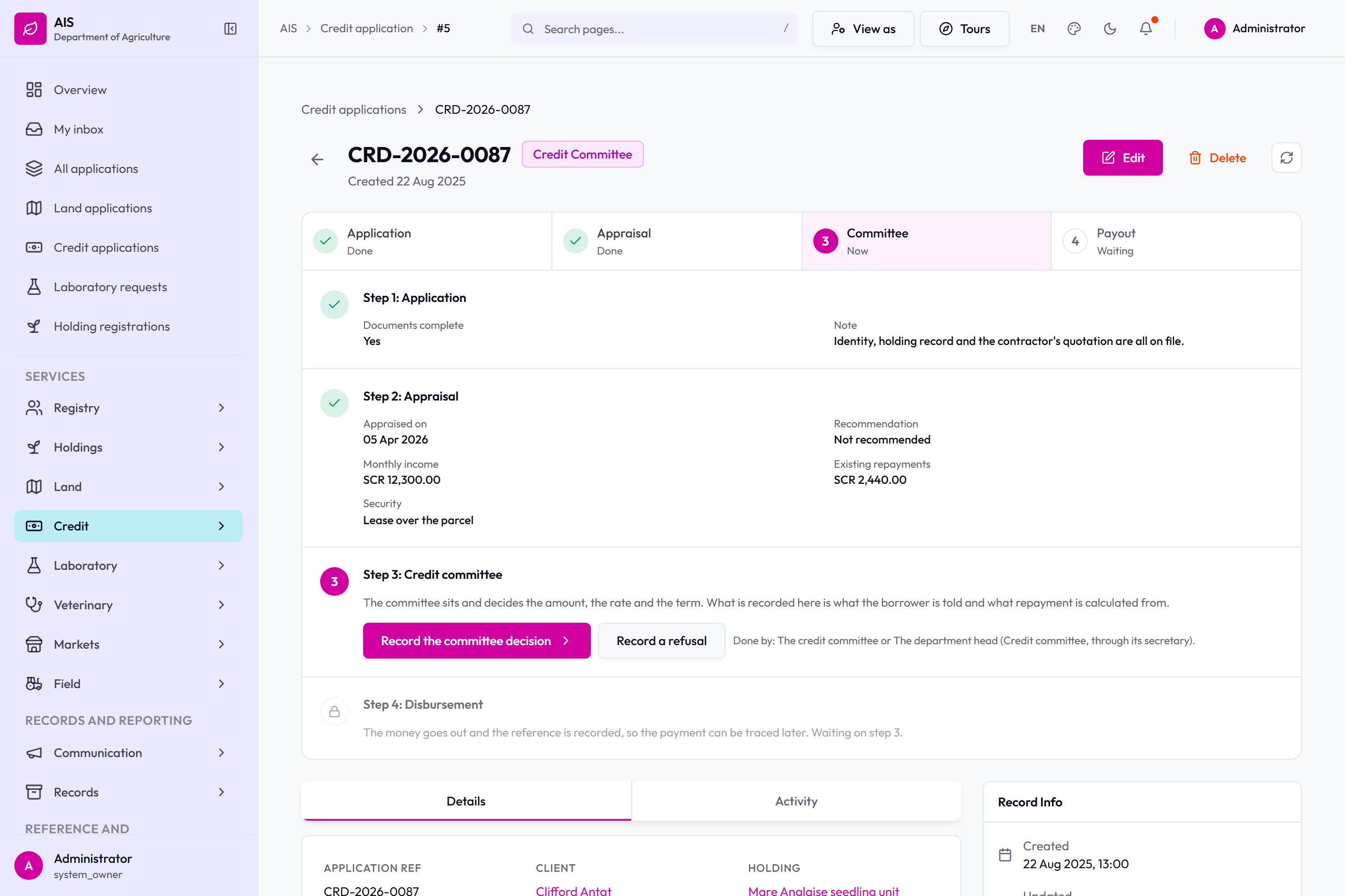 A credit application on its processing page.