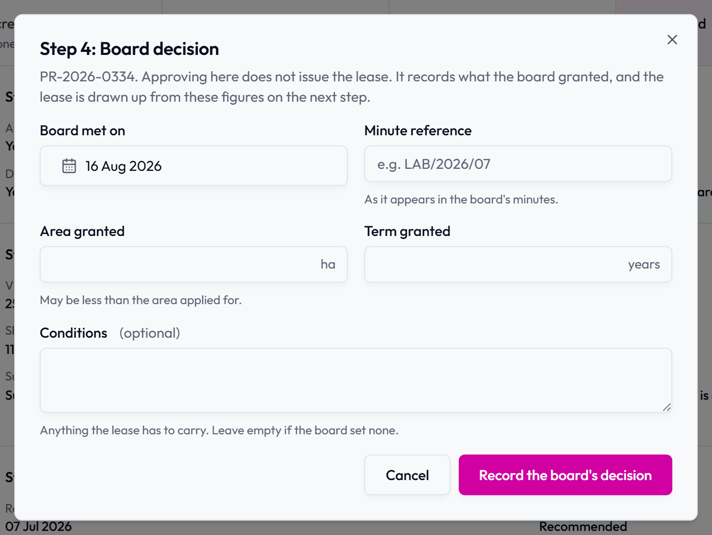 The board decision form on its own. Approving here records what the board granted; the lease is drawn from those figures on the next step.