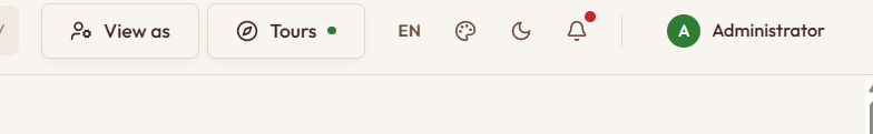 The toolbar: View as, Tours, language, theme, dark mode, notifications and the signed-in account.