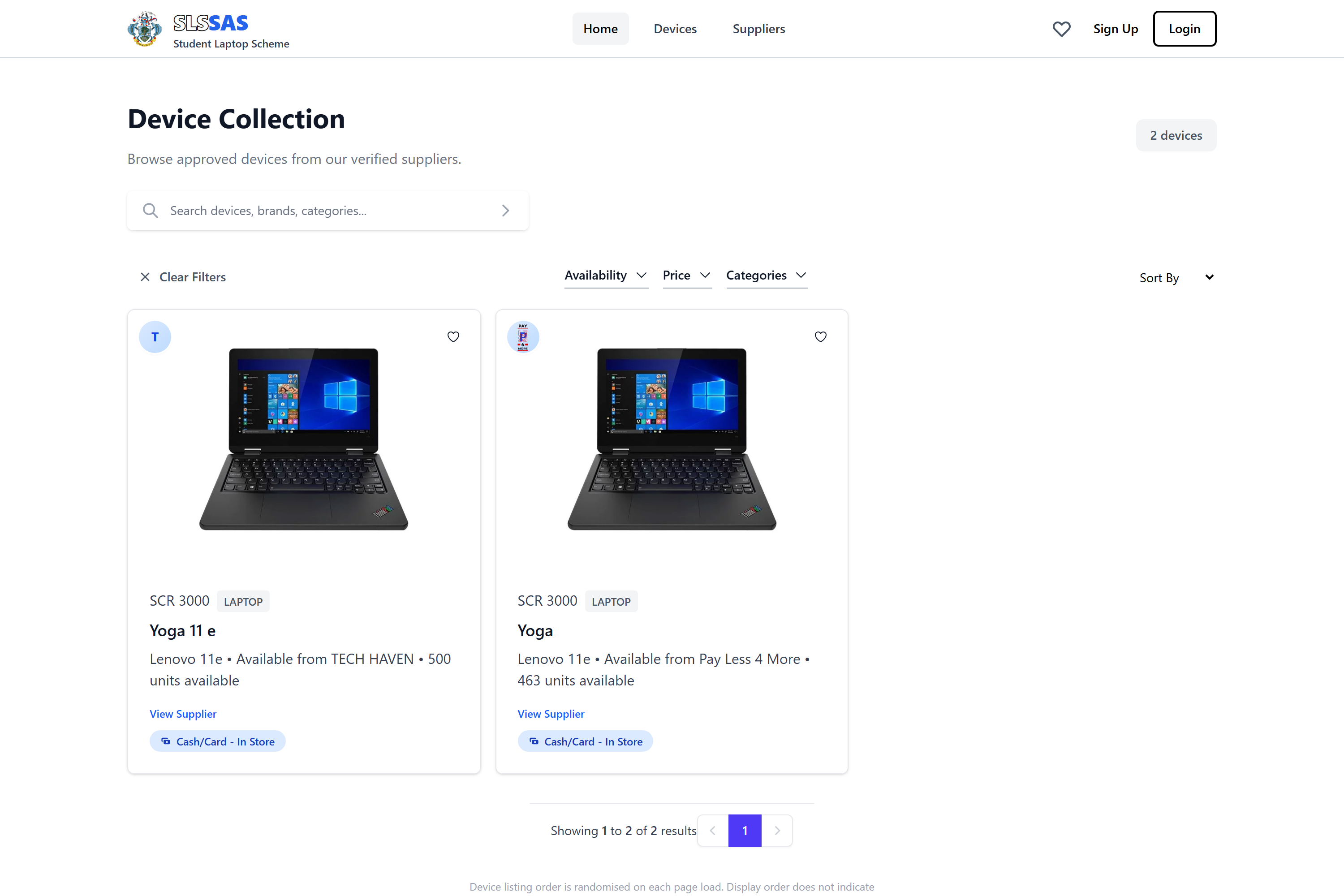 SLSSAS: the device collection, with availability, price and category filters.