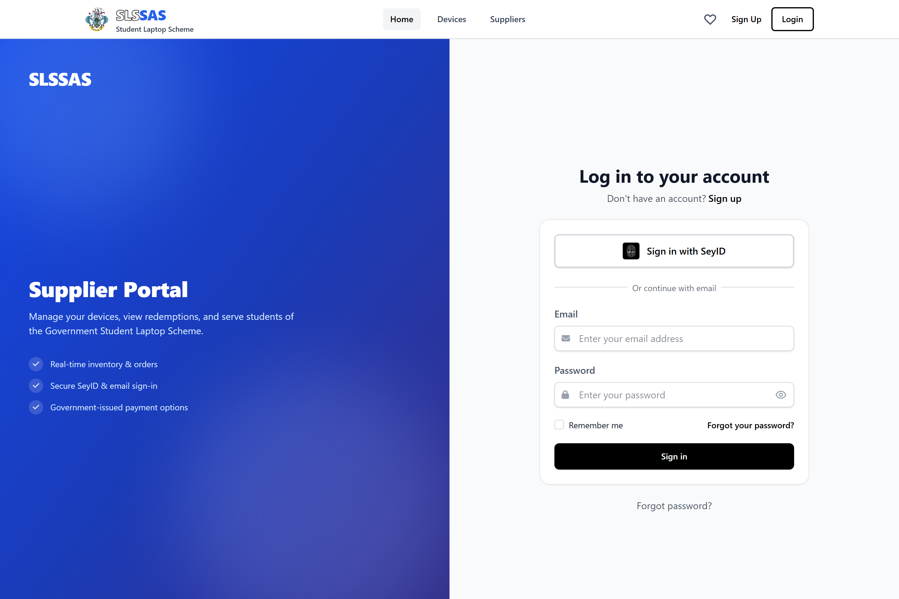 SLSSAS: the supplier portal sign-in, with SeyID alongside email.