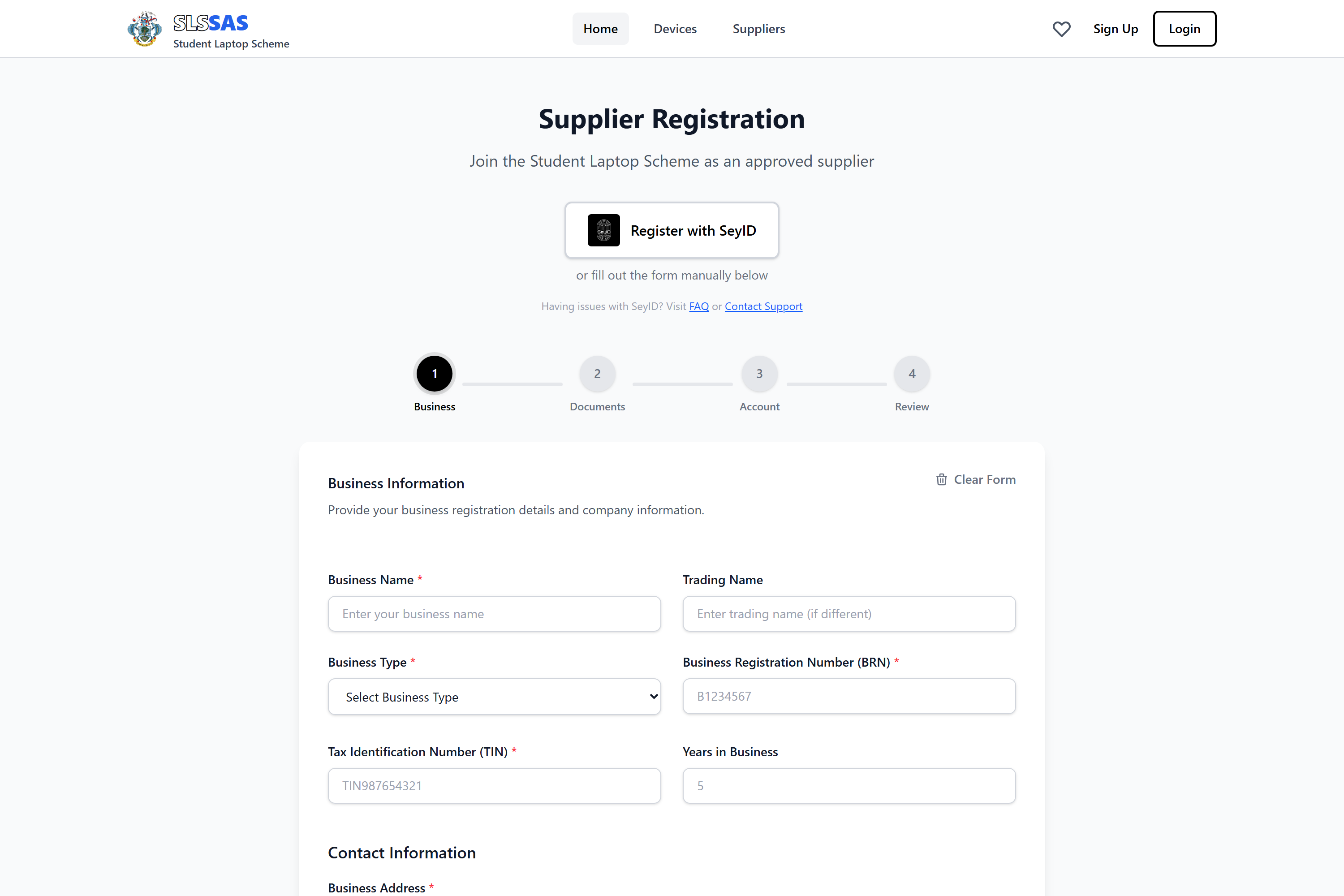 SLSSAS: supplier registration in four steps, with SeyID or a manual form.