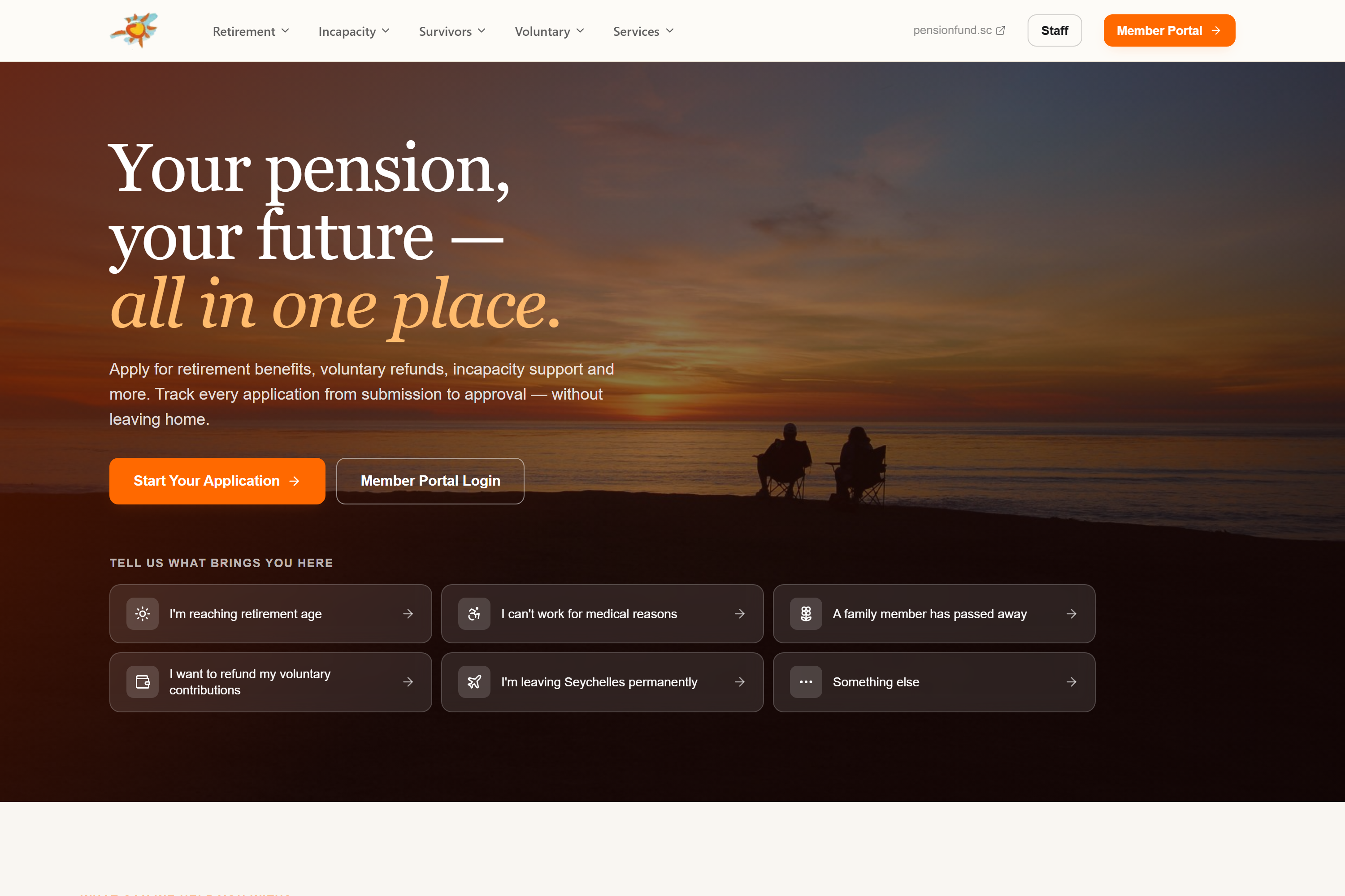 Seychelles Pension Fund: the member portal home, with six routes in by circumstance.